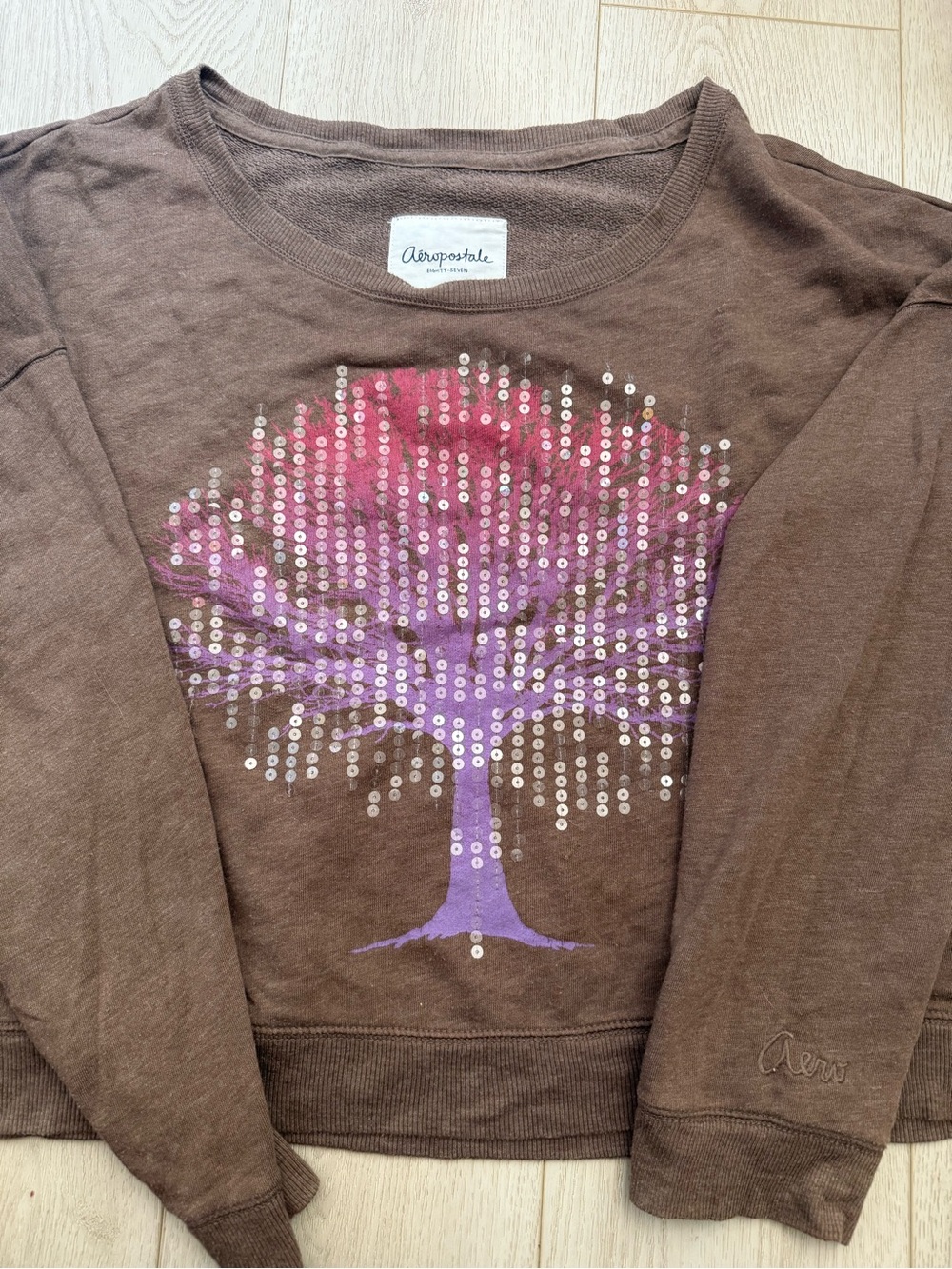 Aeropostale Brown Sweatshirt with Pink & Purple Sequin Tree Graphic